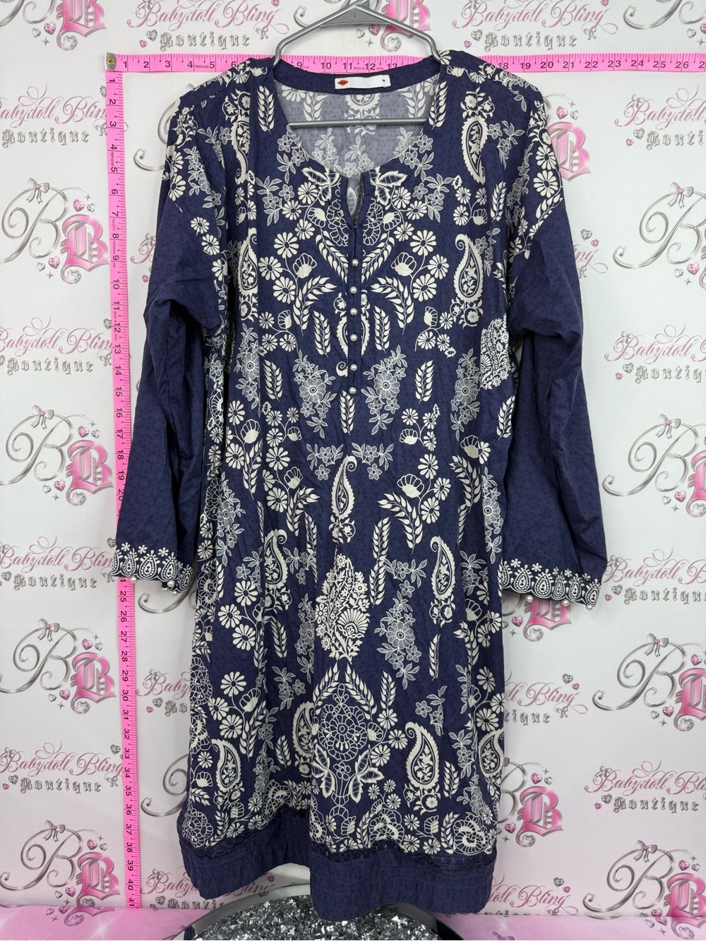 Khaadi dress Navy Blue Floral Tunic Dress with Ivory Print